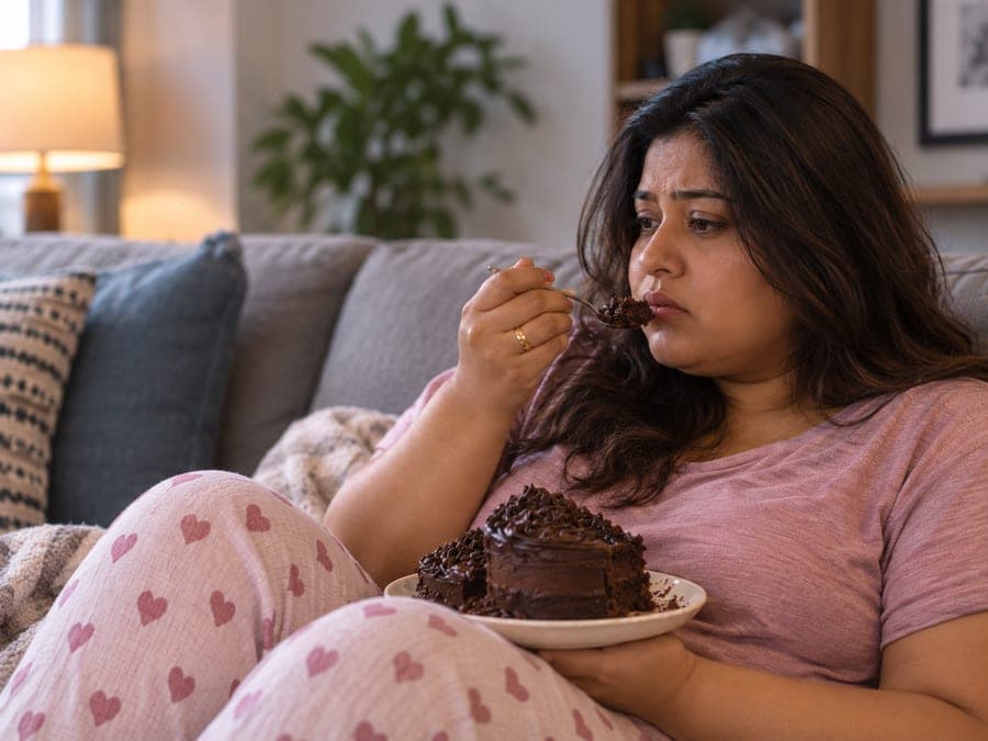 Woman on a sofa looking distressed while eating chocolate cake