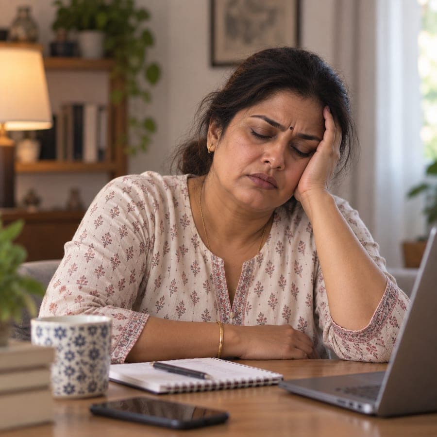 Tired woman resting her head on her hand at a desk with a laptop