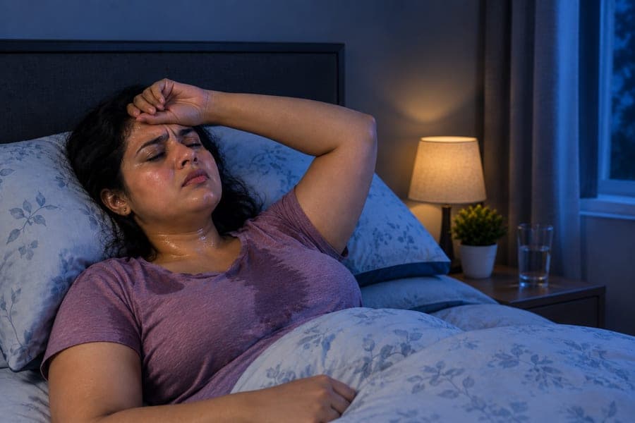 Woman lying awake in bed at night, sweating and holding her forehead